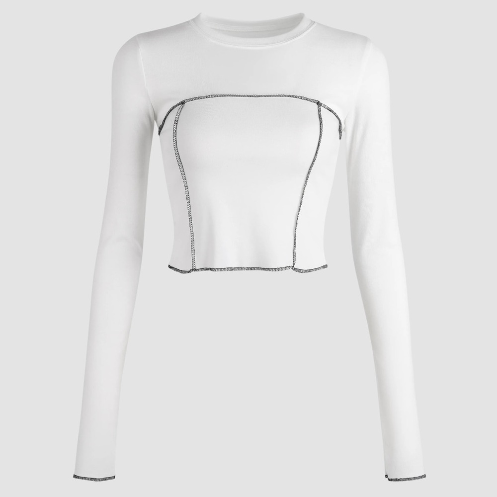 Cider White Contrast Stitch Y2K Long Sleeve Crop Top – New